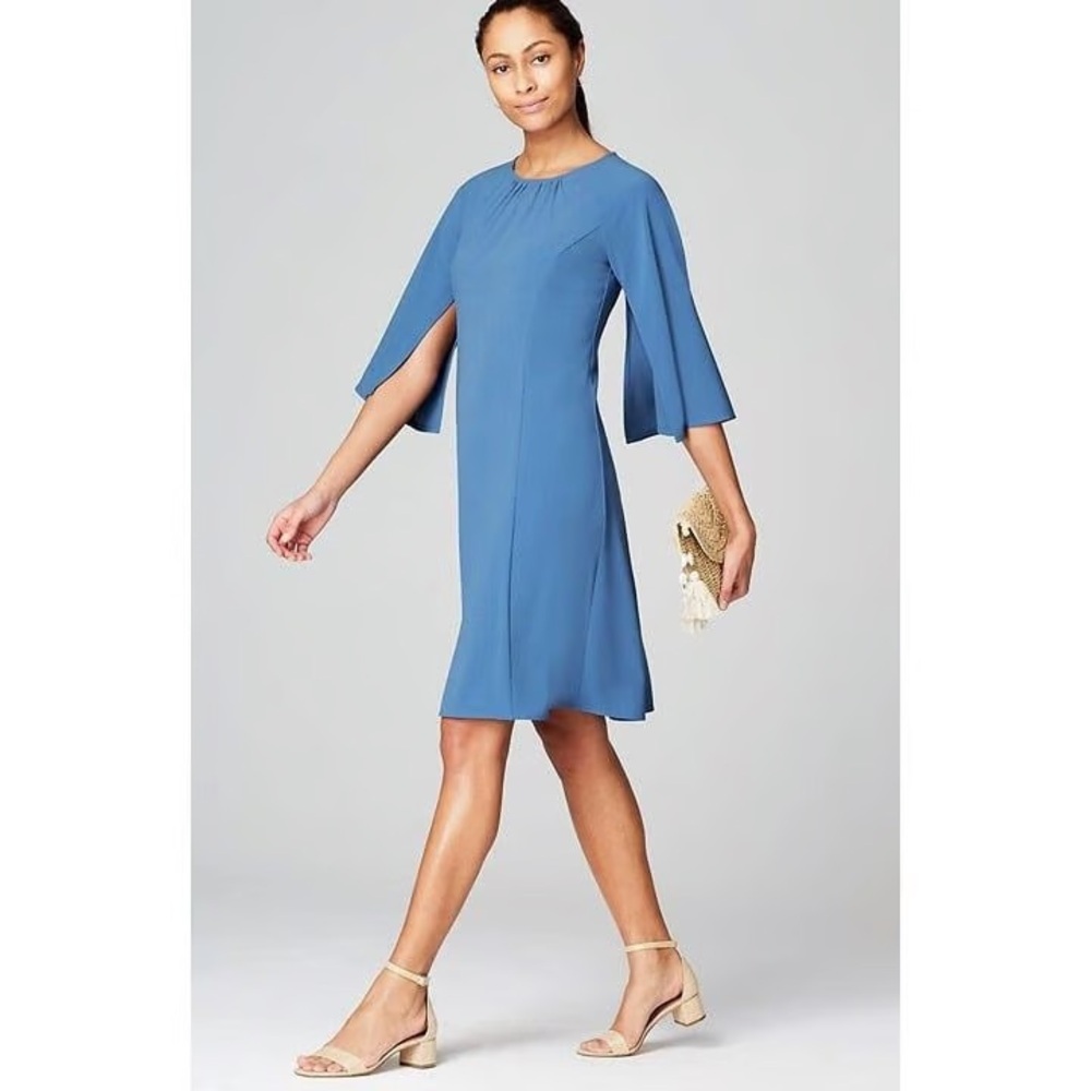 J. Jill x Christian Siriano Flared-Sleeve Dress Blue Sea XL Draped Feminine NWT - Picture 14 of 15